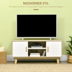 HOMCOM TV-Lowboard Fernsehschrank TV Schrank Fernsehtisch Sideboard Mit 2 Schränke Und Offenen Regale Skandi-Design Bis Zu 55 Zoll Natur+Weiß 120 X 40 X 55 Cm -Homcom 6d8902ee462dfac806be063cfca8417b