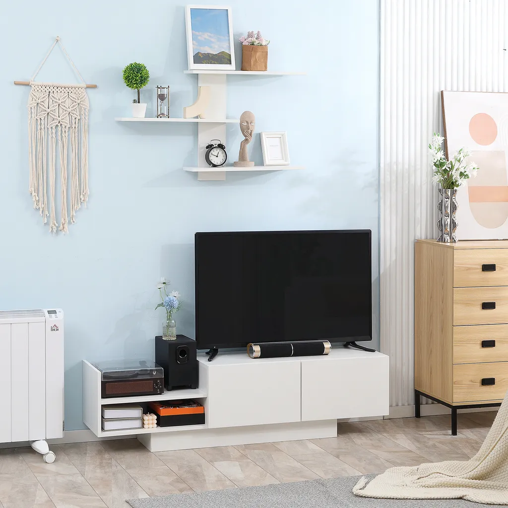 HOMCOM Wohnwand Wohnzimmer TV Set TV-Schrank Mit Wandregal Fernsehschrank Fernsehtisch TV Lowboard Mit Klappschrank Und Regal Weiß 150 X 31,5 X 40 Cm 4 HOMCOM Wohnwand Wohnzimmer TV Set TV-Schrank Mit Wandregal Fernsehschrank Fernsehtisch TV Lowboard Mit Klappschrank Und Regal Weiß 150 X 31,5 X 40 Cm – Bild 2