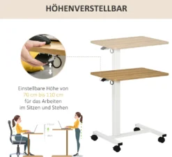 HOMCOM Höhenverstellbar Steh-Sitz Schreibtisch Laptoptisch Stehpult Beistelltisch Mit Rollen C-förmig Platzsparend Für Arbeitszimmer Wohnzimmer Natur+Weiß Belastbar Bis 70 Kg 65 X 48 X 70-110 Cm -Homcom 6f7f75ef209d052355a3a4352ba14a3e