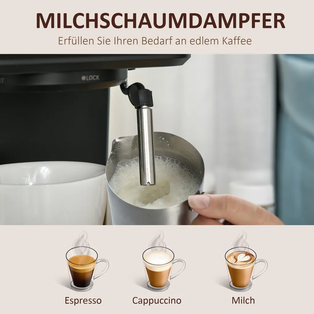 HOMCOM Espressomaschine Kaffeemaschine Aus Edelstahl Siebträgermaschine Mit Milchschäumer 1,5L Wassertank 15 Bar Für Espresso Cappuccino Latte Milchkaffee 850 W 6 HOMCOM Espressomaschine Kaffeemaschine Aus Edelstahl Siebträgermaschine Mit Milchschäumer 1,5L Wassertank 15 Bar Für Espresso Cappuccino Latte Milchkaffee 850 W – Bild 4