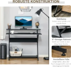 HOMCOM Computertisch Winkelschreibtisch Industrieller Stil Mit Höhenverstellbar Fußbett Schreibtisch Bürotisch Höhenverstellbar Fußbett MDF Metall Schwarz 100 X 60 X 85,5 Cm -Homcom 704cc6a21c44851b9e12606e7f6f1296