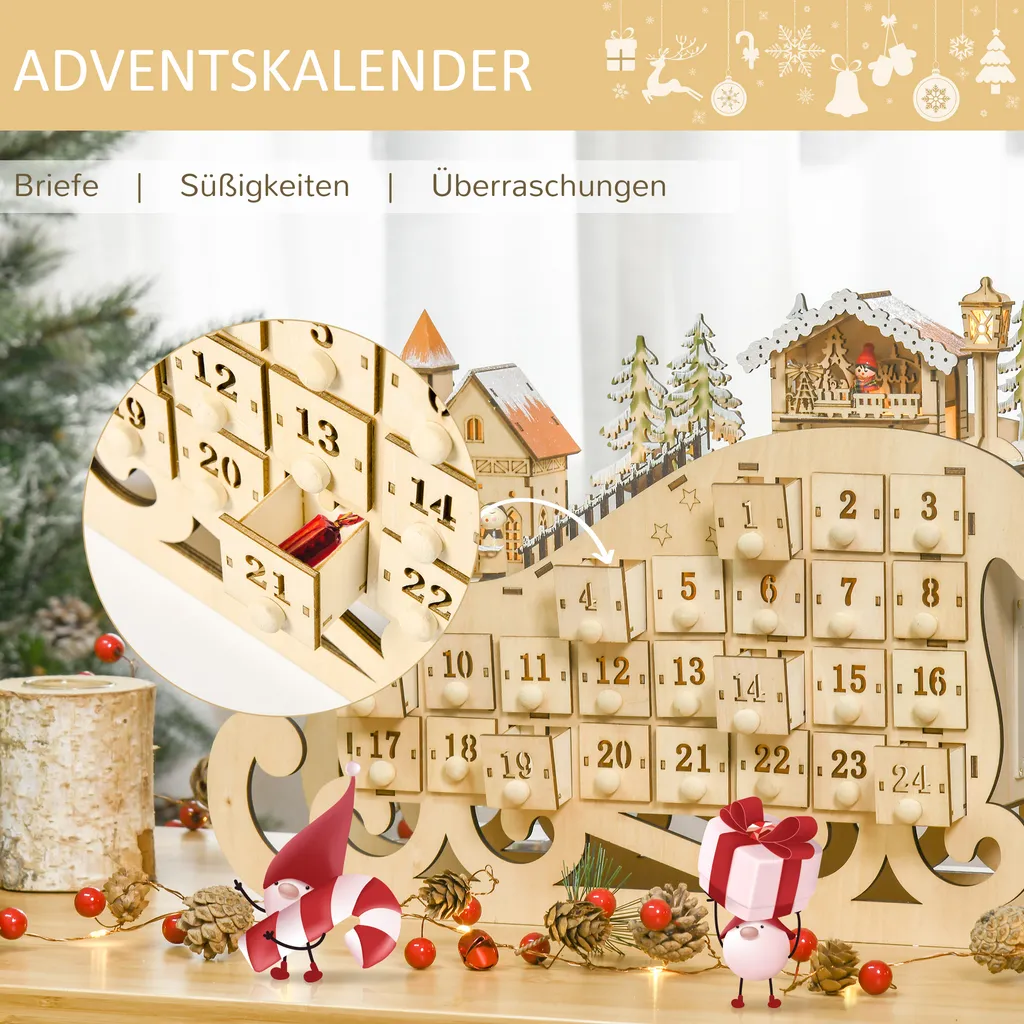 HOMCOM Adventskalender Zum Befüllen 24 Schubladen Fächer Weihnachtskalender Mit LED-Lichtern Schlitten-Form Adventskalenderbox Weihnachtsdekoration DIY Sperrholz-Platte Naturholz 45 X 10 X 31 Cm 6 HOMCOM Adventskalender Zum Befüllen 24 Schubladen Fächer Weihnachtskalender Mit LED-Lichtern Schlitten-Form Adventskalenderbox Weihnachtsdekoration DIY Sperrholz-Platte Naturholz 45 X 10 X 31 Cm – Bild 4