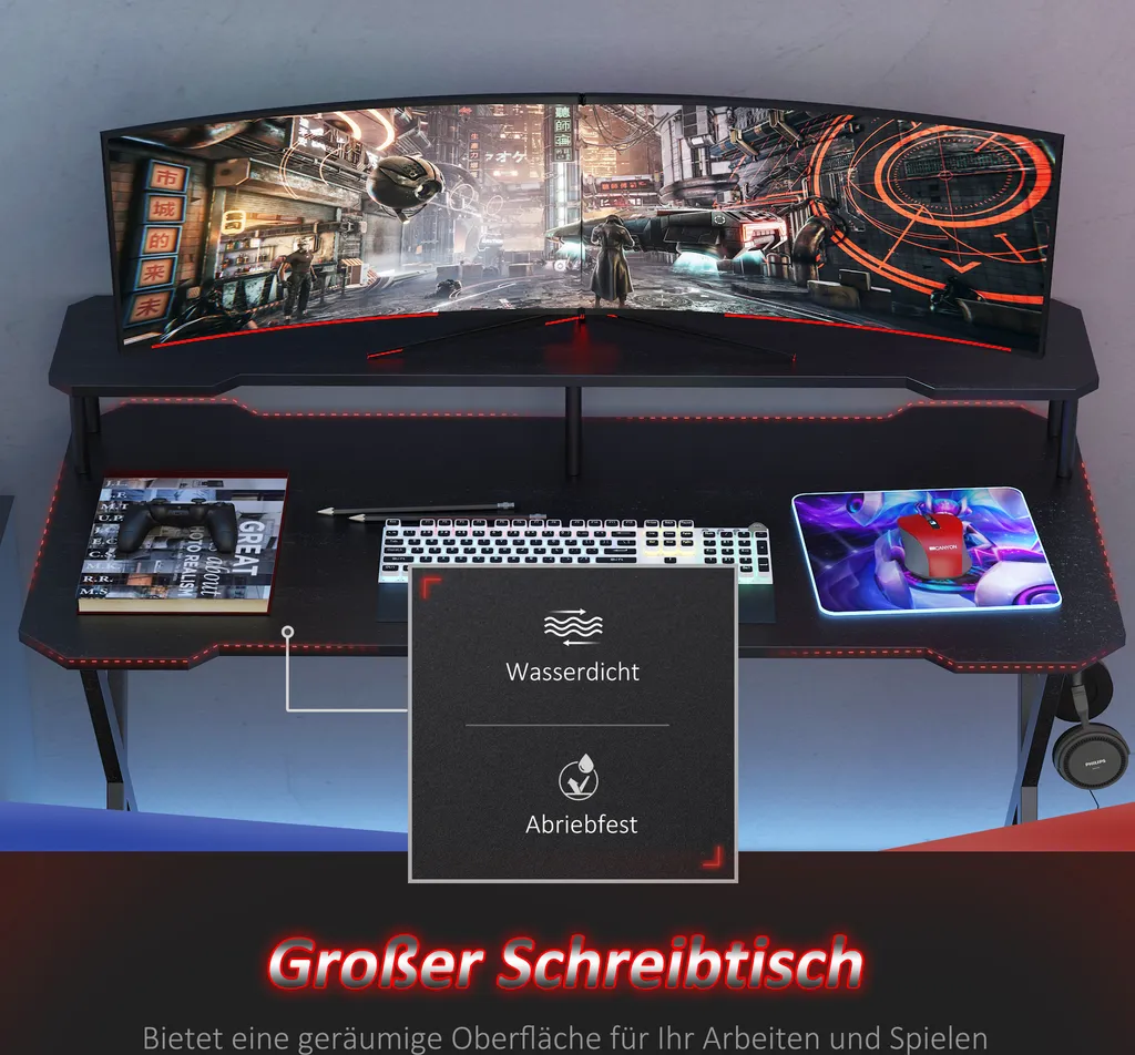 HOMCOM Gaming-Tisch Schreibtisch Mit Kopfhörerhaken Computertisch Stahl + MDF Schwarz 120 X 60 X 90 Cm 6 HOMCOM Gaming-Tisch Schreibtisch Mit Kopfhörerhaken Computertisch Stahl + MDF Schwarz 120 X 60 X 90 Cm – Bild 4
