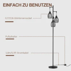 HOMCOM Stehlampe 3-flammige Retro Stehleuchte Dimmbare Lichtstärke Mit Tritt-Schalter Im Industrie-Design Standleuchte Wohnzimmerlampe Stahl Schwarz 30 X 30 X 170,5 Cm -Homcom 720a4eab82e713d144a2651937e53b6a