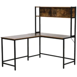 HOMCOM Computertisch, L-förmiger Eckschreibtisch, Schreibtisch, Bürotisch, Gamingtisch, PC-Tisch, Spanplatte+Metall, Natur+Schwarz, 140 X 125 X 149 Cm