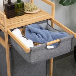 HOMCOM Wäschekorb Wäschebox Mit 2 Stoffbeutel Wäschesack Wäschesammler Mit Rollen Aufbewahrungskorb Bambus Naturholz+Grau 42 X 35 X 84,5 Cm -Homcom 773e21d17a52050be7b366df84a516f6