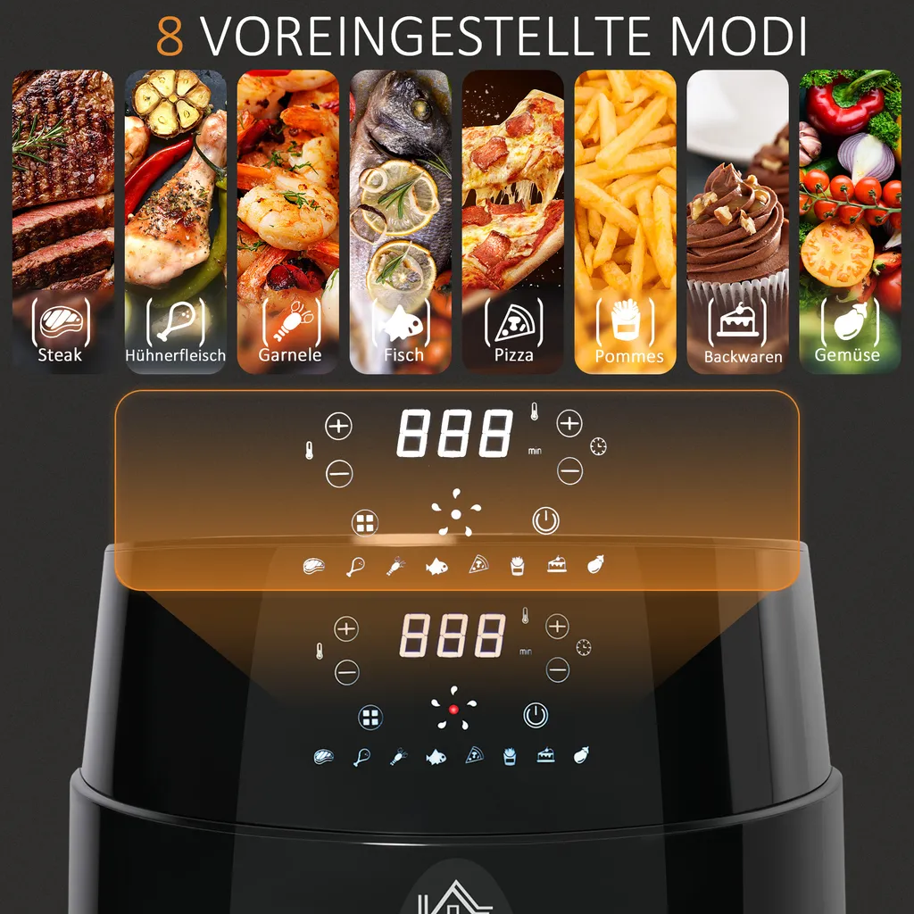 HOMCOM Heißluftfritteuse 4,5 L 1500W Mit 8 Menüs LED-Display Antihaftbeschichteter Fritterkorb Für Gesundes ölfreies Fettarmes Kochen Schwarz 28 X 35,1 X 33 Cm 9 HOMCOM Heißluftfritteuse 4,5 L 1500W Mit 8 Menüs LED-Display Antihaftbeschichteter Fritterkorb Für Gesundes ölfreies Fettarmes Kochen Schwarz 28 X 35,1 X 33 Cm – Bild 7