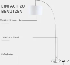 HOMCOM Bogenlampe Stehlampe Wohnzimmer Stehleuchte 40W Moderne Bogenleuchte Mit E27 Fassung Schirm Für Schlafzimmer Büro Elegant Weiß+Silber 90 X 38 X 183 Cm -Homcom 7a352cb72e17fa58bf0be9431ca0e3d7