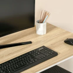 HOMCOM Schreibtisch Bücherregal Computertisch Bürotisch Mit Regale Arbeitstisch PC Laptop Tisch Großer Stauraum Spanplatte Metall Eiche+Weiß 115x 55x75 Cm -Homcom 7bf506e0bd8320a83c2f2e8e0aced6b8