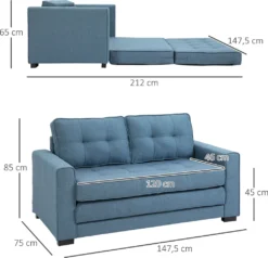 HOMCOM Schlafsofa Klappsofa 2-Sitzer Stoffsofa Bettsofa Sofa Mit Schlaffunktion Sofagarnitur Leinen-Touch Gummiholz Blau 147,5 X 75 X 85 Cm