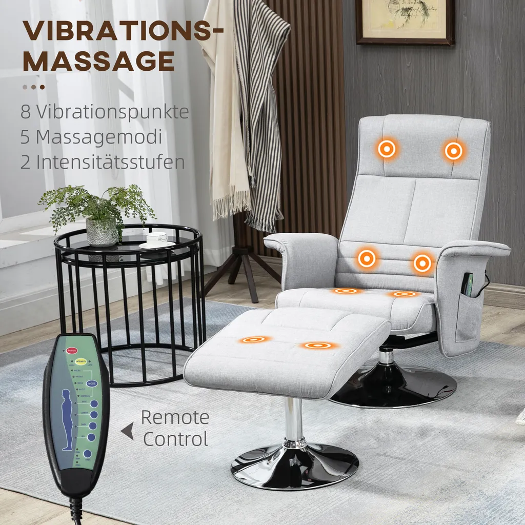HOMCOM Massagesessel Mit Fußhocker, Relaxsessel Mit Liegefunktion, Elektrischer Fernsehsessel Mit Fernbedienung, Liegesessel Mit Leinenoptik, Stahl, Hellgrau 6 HOMCOM Massagesessel Mit Fußhocker, Relaxsessel Mit Liegefunktion, Elektrischer Fernsehsessel Mit Fernbedienung, Liegesessel Mit Leinenoptik, Stahl, Hellgrau – Bild 4