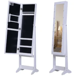 HOMCOM LED Schmuckschrank Mit Spiegel Spiegelschrank Standspiegel Schmuckregal Spiegel Verstellbar Cremeweiß 136 Cm Hoch