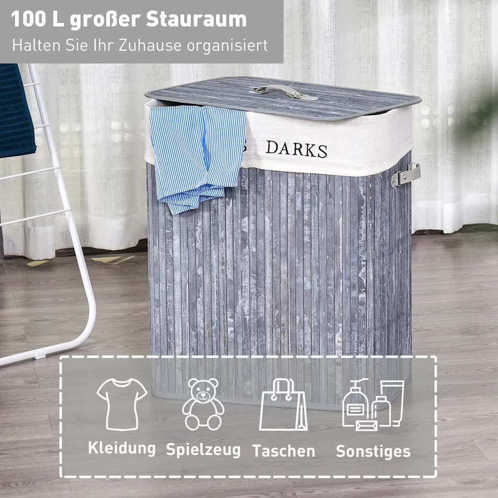 HOMCOM Wäschekorb Wäschebox Wäschesammler Mit Deckel Segeltuchsack Waschbarem Wäschesack Mit Griffen Segeltuch + Bambus Grau100L 52 X 32 X 63 Cm 5 HOMCOM Wäschekorb Wäschebox Wäschesammler Mit Deckel Segeltuchsack Waschbarem Wäschesack Mit Griffen Segeltuch + Bambus Grau100L 52 X 32 X 63 Cm – Bild 3