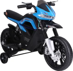 HOMCOM Kindermotorrad Kinder-Elektromotorrad Elektro-Motorrad Für Kinder 3-6 Jahren Licht Musik MP3 Elektrofahrzeug Mit Stützrädern Maximal 3 Km/h Metall + Kunststoff Blau 105 X 52,3 X 62,3 Cm