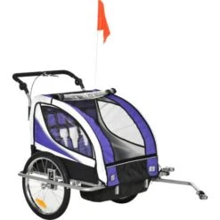 HOMCOM Kinderfahrradanhänger Für 2 Kinder Inkl. Reflektoren U. Fahne Blau+ Weiß + Schwarz