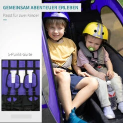 HOMCOM Kinderfahrradanhänger Für 2 Kinder Inkl. Reflektoren U. Fahne Blau+ Weiß + Schwarz -Homcom 82864024 5