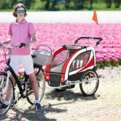 HOMCOM Kinderfahrradanhänger Für 2 Kinder Inkl. Reflektoren U. Fahne Rot + Weiß -Homcom 82864026 3