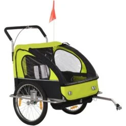 HOMCOM Kinderanhänger Fahrradanhänger Kinder Radanhänger Für 2 Kinder Mit Fahne Regenschutz Atmungsaktiv Stahl Grün+Schwarz 142 X 85 X 105 Cm