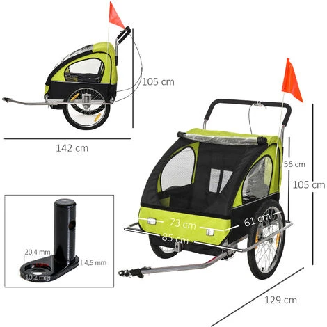 HOMCOM Kinderanhänger Fahrradanhänger Kinder Radanhänger Für 2 Kinder Mit Fahne Regenschutz Atmungsaktiv Stahl Grün+Schwarz 142 X 85 X 105 Cm 4 HOMCOM Kinderanhänger Fahrradanhänger Kinder Radanhänger Für 2 Kinder Mit Fahne Regenschutz Atmungsaktiv Stahl Grün+Schwarz 142 X 85 X 105 Cm – Bild 2