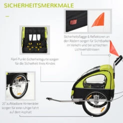 HOMCOM Kinderanhänger Fahrradanhänger Kinder Radanhänger Für 2 Kinder Mit Fahne Regenschutz Atmungsaktiv Stahl Grün+Schwarz 142 X 85 X 105 Cm 10 HOMCOM Kinderanhänger Fahrradanhänger Kinder Radanhänger Für 2 Kinder Mit Fahne Regenschutz Atmungsaktiv Stahl Grün+Schwarz 142 X 85 X 105 Cm -Homcom 82864027 4