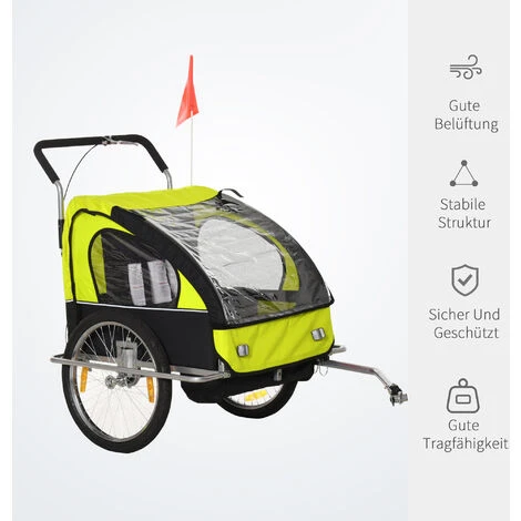 HOMCOM Kinderanhänger Fahrradanhänger Kinder Radanhänger Für 2 Kinder Mit Fahne Regenschutz Atmungsaktiv Stahl Grün+Schwarz 142 X 85 X 105 Cm 7 HOMCOM Kinderanhänger Fahrradanhänger Kinder Radanhänger Für 2 Kinder Mit Fahne Regenschutz Atmungsaktiv Stahl Grün+Schwarz 142 X 85 X 105 Cm – Bild 5