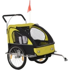 HOMCOM Kinderanhänger Fahrradanhänger Kinder Radanhänger Für 2 Kinder Mit Fahne Regenschutz Atmungsaktiv Gelb-Schwarz Stahl 142 X 85 X 105 Cm