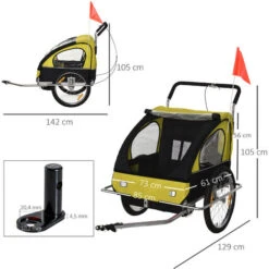 HOMCOM Kinderanhänger Fahrradanhänger Kinder Radanhänger Für 2 Kinder Mit Fahne Regenschutz Atmungsaktiv Gelb-Schwarz Stahl 142 X 85 X 105 Cm -Homcom 82864028 3
