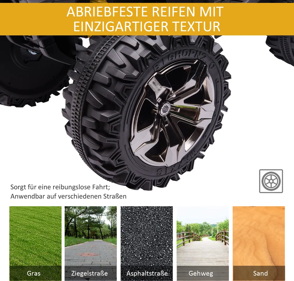 HOMCOM Elektro-Quad Kinder Elektro ATV Kinderwagen LED Frontlicht Mit MP3 USB 2 X 550 Motoren Kinderfahrzeug Kindermotorrad Elektro-Quad Für 37-60 Monate Alt Kinder Metall Gelb 100 X 65 X 73 Cm 9 HOMCOM Elektro-Quad Kinder Elektro ATV Kinderwagen LED Frontlicht Mit MP3 USB 2 X 550 Motoren Kinderfahrzeug Kindermotorrad Elektro-Quad Für 37-60 Monate Alt Kinder Metall Gelb 100 X 65 X 73 Cm – Bild 7