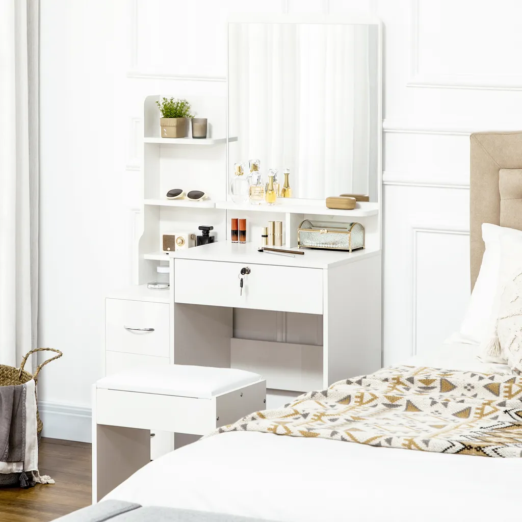 HOMCOM Schminktisch Mit Hocker, Kosmetiktisch Mit Spiegel, Frisiertisch Mit Schubladen, Ablagen, Frisierkommode Mit Anti-Kipp-Schutz Für Schlafzimmer, Weiß, 80 X 38 X 143cm 4 HOMCOM Schminktisch Mit Hocker, Kosmetiktisch Mit Spiegel, Frisiertisch Mit Schubladen, Ablagen, Frisierkommode Mit Anti-Kipp-Schutz Für Schlafzimmer, Weiß, 80 X 38 X 143cm – Bild 2