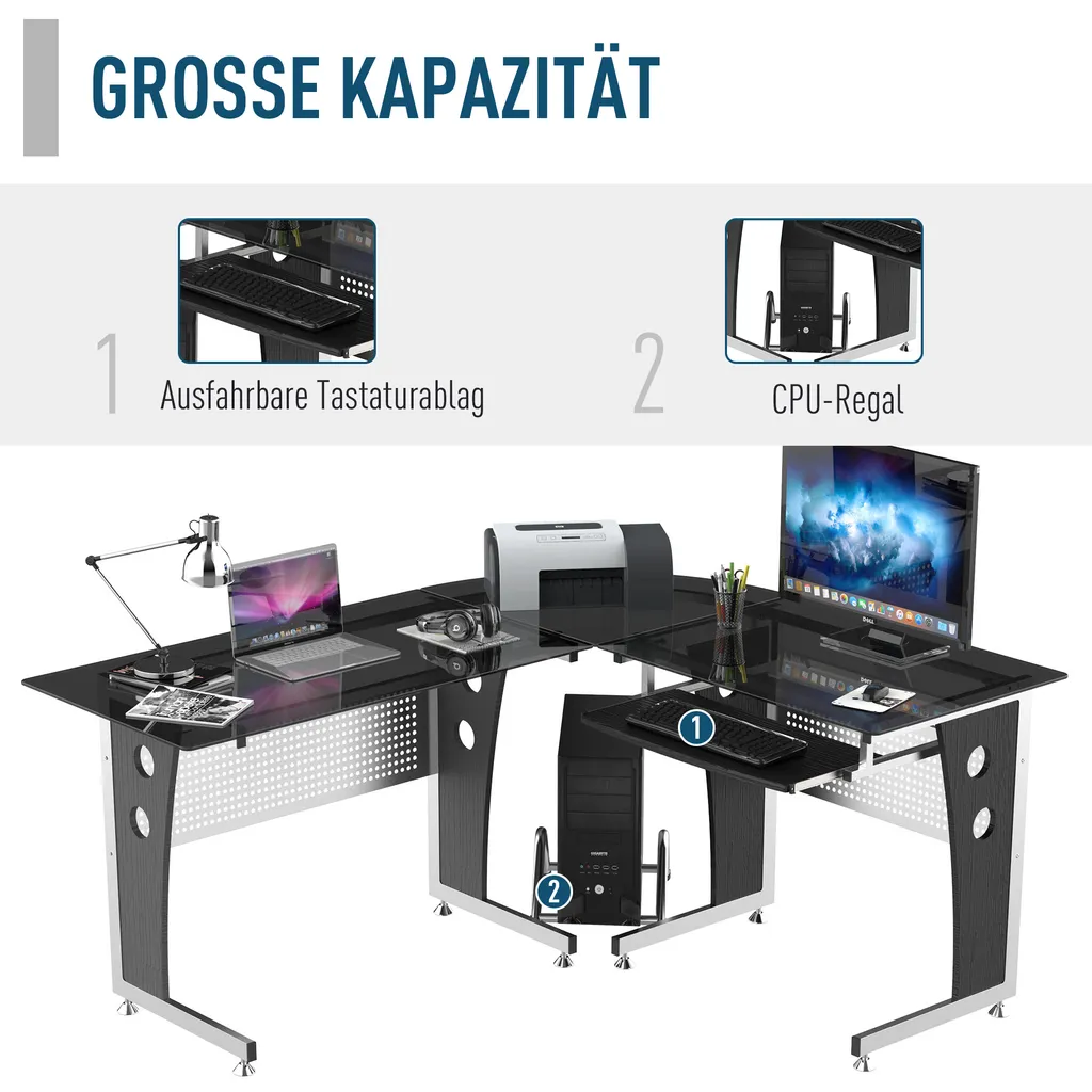 HOMCOM Computertisch Eckschreibtisch Schreibtisch Bürotisch PC Tisch Mit Schwarzem Sicherheitsglas L-förmig 164x139x75 Cm 5 HOMCOM Computertisch Eckschreibtisch Schreibtisch Bürotisch PC Tisch Mit Schwarzem Sicherheitsglas L-förmig 164x139x75 Cm – Bild 3