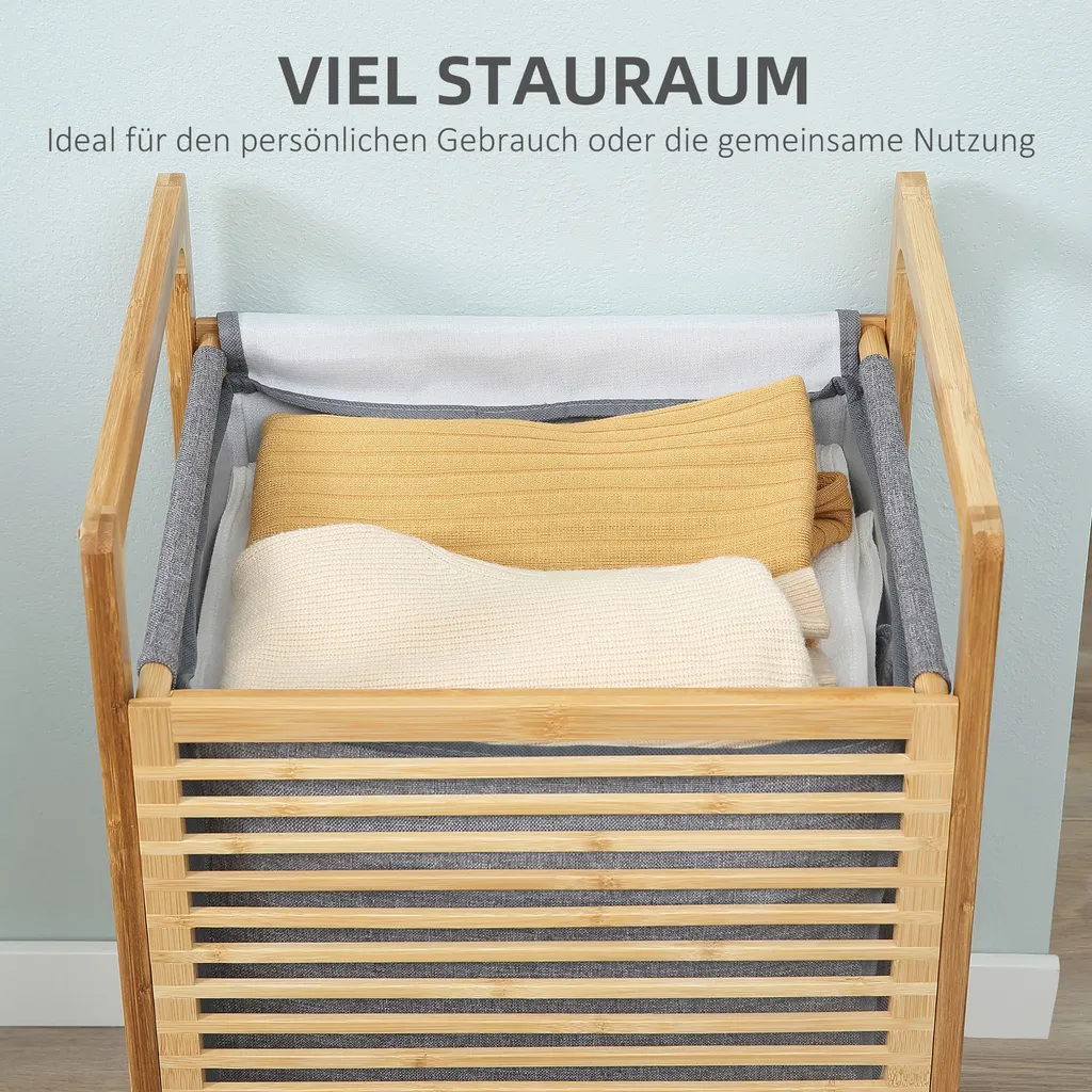 HOMCOM Wäschekorb Wäschebox Wäschesammler Mit Waschbarem Wäschesack Deckel Wäschesack Tuchsack Bambus Leinenartiges Polyester Natur+Grau 40 X 35 X 60,5 Cm 7 HOMCOM Wäschekorb Wäschebox Wäschesammler Mit Waschbarem Wäschesack Deckel Wäschesack Tuchsack Bambus Leinenartiges Polyester Natur+Grau 40 X 35 X 60,5 Cm – Bild 5