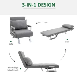 HOMCOM Schlafsofa Mit Armlehne 3-in-1 Schlafsessel Gästebett Klappmatratze Klappbett Chaiselongue Multifunktion Leinenartiges Polyester Grau 65 X 69 X 80 Cm -Homcom 887d86fa43f151ec86dd5ded1e36023b