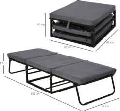 HOMCOM Gästebett Klappbar, 2-in-1 Klappbett Hocker, Verstellbare Kopfteilhöhe, Polyester+Stahl+Schaumstoff, Grau, 192 X 68 X 37 Cm -Homcom 89a75dc340a4abe3a76967005ee3be13