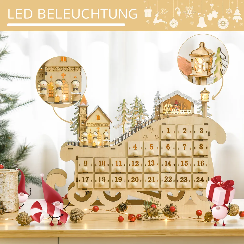 HOMCOM Adventskalender Zum Befüllen 24 Schubladen Fächer Weihnachtskalender Mit LED-Lichtern Schlitten-Form Adventskalenderbox Weihnachtsdekoration DIY Sperrholz-Platte Naturholz 45 X 10 X 31 Cm 5 HOMCOM Adventskalender Zum Befüllen 24 Schubladen Fächer Weihnachtskalender Mit LED-Lichtern Schlitten-Form Adventskalenderbox Weihnachtsdekoration DIY Sperrholz-Platte Naturholz 45 X 10 X 31 Cm – Bild 3