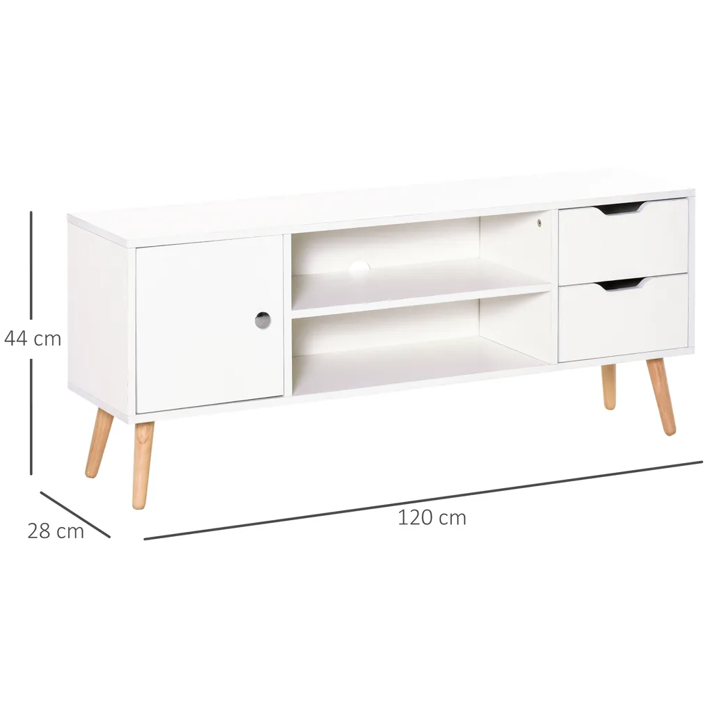 HOMCOM TV Lowboard Fernsehtisch Fernsehschrank Mit Schrank 2 Schubladen Holzfüße Wohnzimmer Weiß 120 X 28 X 44 Cm 9 HOMCOM TV Lowboard Fernsehtisch Fernsehschrank Mit Schrank 2 Schubladen Holzfüße Wohnzimmer Weiß 120 X 28 X 44 Cm – Bild 7
