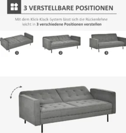HOMCOM Schlafsofa 3-Sitzer Schlafcouch Stoffsofa Sofa Mit Schlaffunktion Bettsofa Mit Verstellbarer Winkel Vintage Eukalyptusholz Baumwolle Grau -Homcom 90420b8939884b61efd2e60f31884571