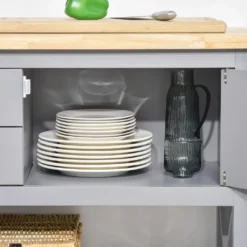 HOMCOM Küchenwagen Rollbar Servierwagen Standregal Küchentrolley Schrank Mit Schublade Bodenregal Handtuchhalter Für Küche Esszimmer Gummiholz MDF Grau+Natur 108 X 45 X 89 Cm -Homcom 922e038fdc6c2907c1525ef33d8cc858