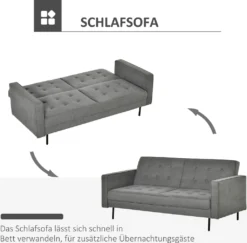 HOMCOM Schlafsofa 3-Sitzer Schlafcouch Stoffsofa Sofa Mit Schlaffunktion Bettsofa Mit Verstellbarer Winkel Vintage Eukalyptusholz Baumwolle Grau -Homcom 9427145a82c1f2168b5db414dfd7b92a