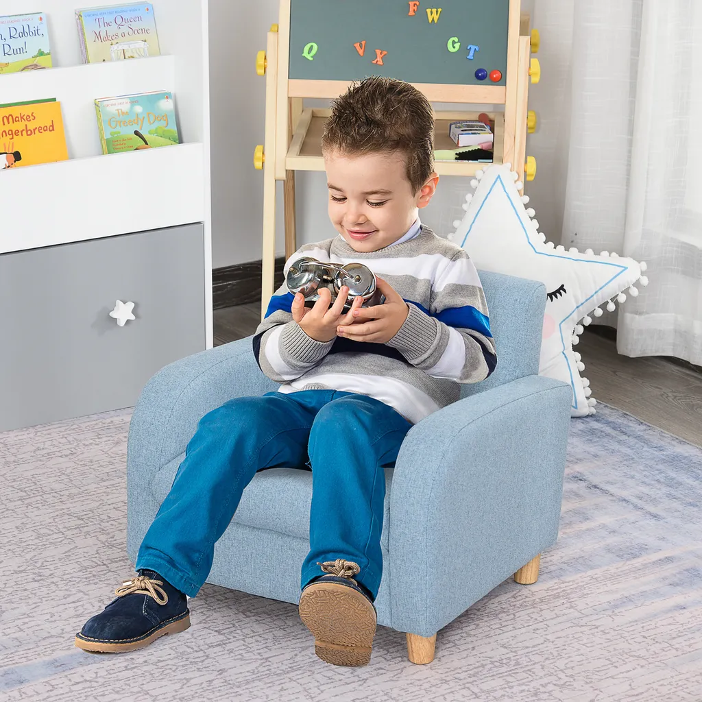 HOMCOM Kindersessel Kindersofa Mit Dickem Schaumstoff Und Dicken Sitzkissen Kindercouch Stuhl Liegesofa Mit Anti-Rutsch-Füßen Für 3-8 Jahre Kinder Holz Leinen Schaumstoff Blau 49x45x44,5 Cm 4 HOMCOM Kindersessel Kindersofa Mit Dickem Schaumstoff Und Dicken Sitzkissen Kindercouch Stuhl Liegesofa Mit Anti-Rutsch-Füßen Für 3-8 Jahre Kinder Holz Leinen Schaumstoff Blau 49x45x44,5 Cm – Bild 2