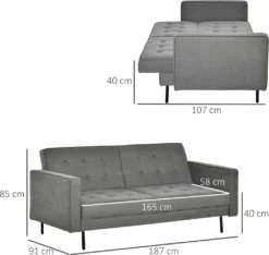 HOMCOM Schlafsofa 3-Sitzer Schlafcouch Stoffsofa Sofa Mit Schlaffunktion Bettsofa Mit Verstellbarer Winkel Vintage Eukalyptusholz Baumwolle Grau -Homcom 974a57d0b4b03672026429c297da81d0