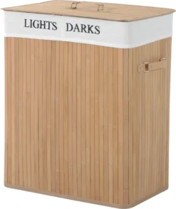 HOMCOM Wäschekorb Wäschebox Wäschesammler Mit Deckel Segeltuchsack Segeltuch + Bambus Natur 100L 52 X 32 X 63 Cm