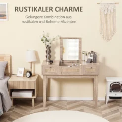 HOMCOM Schminktisch Rattan Design Frisiertisch Mit 2 Schubladen Und Spiegel Schreibtisch Kosmetiktisch Für Schlafzimmer Spanplatte Naturholz 100 X 46 X 78,5 Cm -Homcom 996834078c8ec46ab078d2e8148877c1