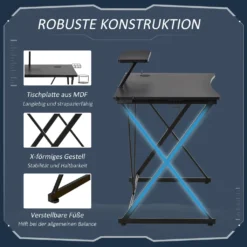 HOMCOM Gaming-Tisch Schreibtisch Computertisch PC Schreibtisch Mit Kopfhörerhaken Getränkehalterung Ergonomisches Design Verstellbare Füße MDF Stahl Schwarz 106 X 60 X 93,5 Cm -Homcom 9c94a50e41a95f7fc50630bb017eaeba