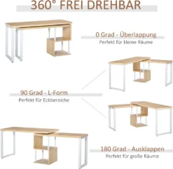 HOMCOM Eckschreibtisch Küchentisch L-Formen Schreibtisch Mit Ablagen Winkelschreibtisch PC-Tisch Computertisch Bürotisch360° Drehbar MDF Eisen Weiß+Eiche 220 X 55 X 76 Cm -Homcom 9f88a0846bf8c4d3a26d2caa0a072ab7
