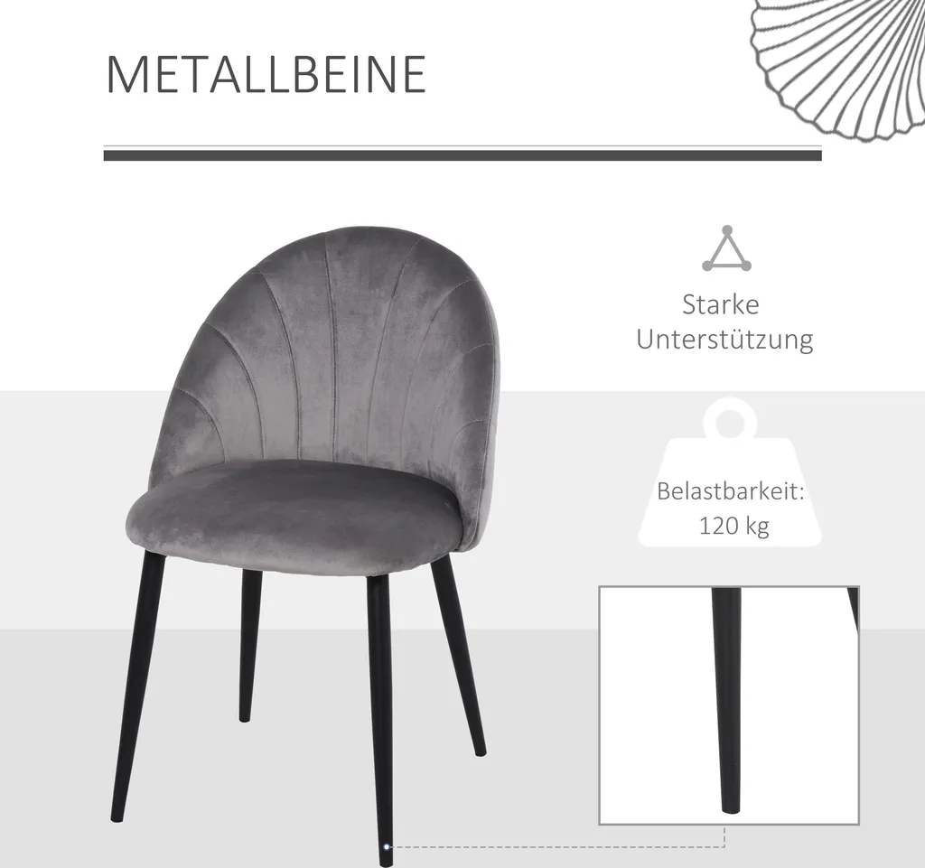 HOMCOM Esszimmerstühle 2er Set Küchenstuhl Wohnzimmerstuhl Bürostuhl Mit Rückenlehne Samt Metall Grau 50 X 54 X 79 Cm 7 HOMCOM Esszimmerstühle 2er Set Küchenstuhl Wohnzimmerstuhl Bürostuhl Mit Rückenlehne Samt Metall Grau 50 X 54 X 79 Cm – Bild 5