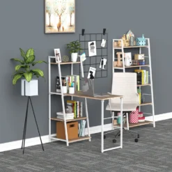 HOMCOM Schreibtisch Klappbar Mit 4 Tier Bücherregal, Computertisch, Bürotisch, E1 Spanplatte, Metallrahmen, Natur+Weiß, 106 X 48 X 128 Cm -Homcom a253d9961afdf2b4155bc4308a97e08a