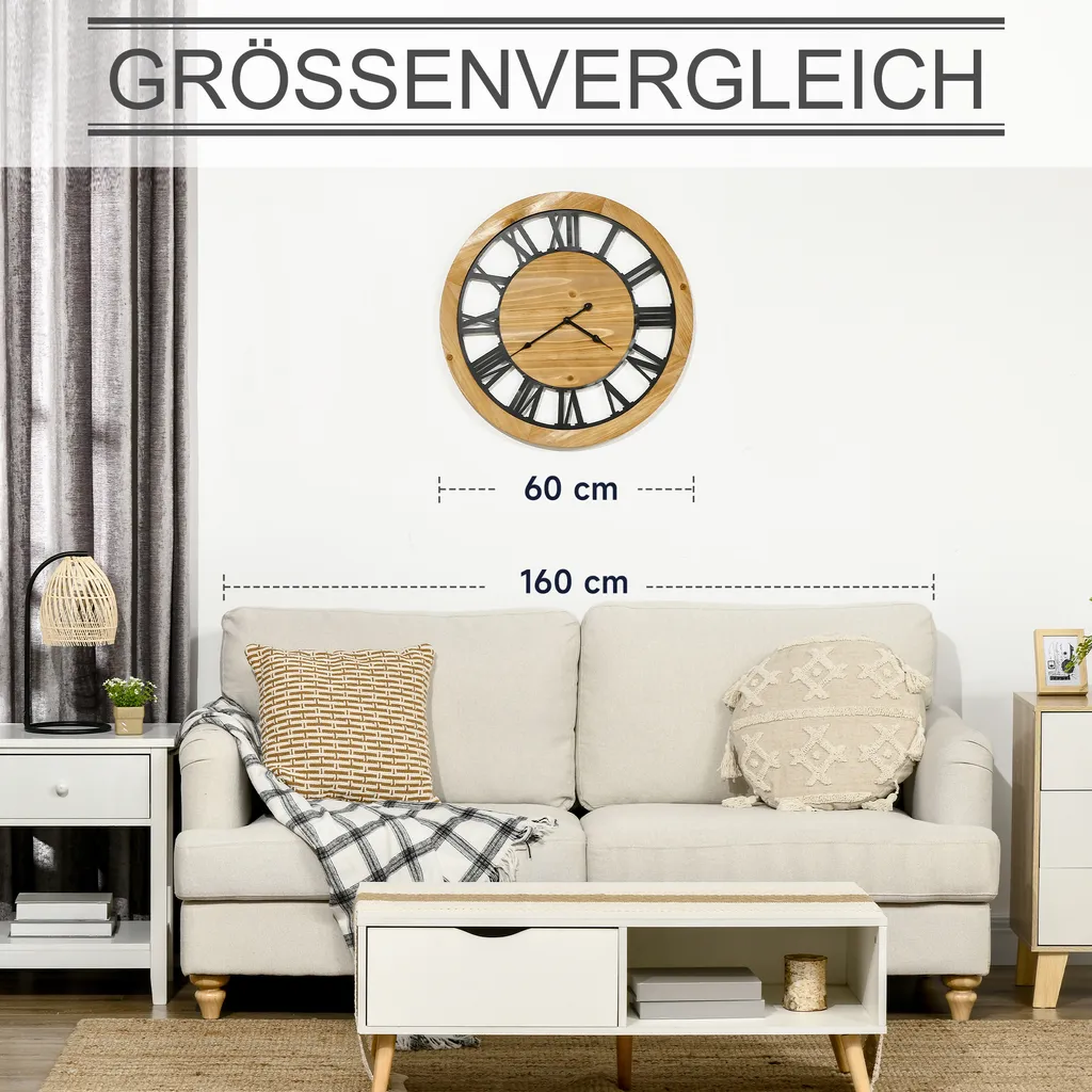 HOMCOM Wanduhr 60 Cm Mit Römischen Ziffern, Uhrwerk Im Vintage-Design, Geräuschlose Dekoration Für Wohnzimmer Küche Metall Tannenholz Schwarz+Natur 7 HOMCOM Wanduhr 60 Cm Mit Römischen Ziffern, Uhrwerk Im Vintage-Design, Geräuschlose Dekoration Für Wohnzimmer Küche Metall Tannenholz Schwarz+Natur – Bild 5