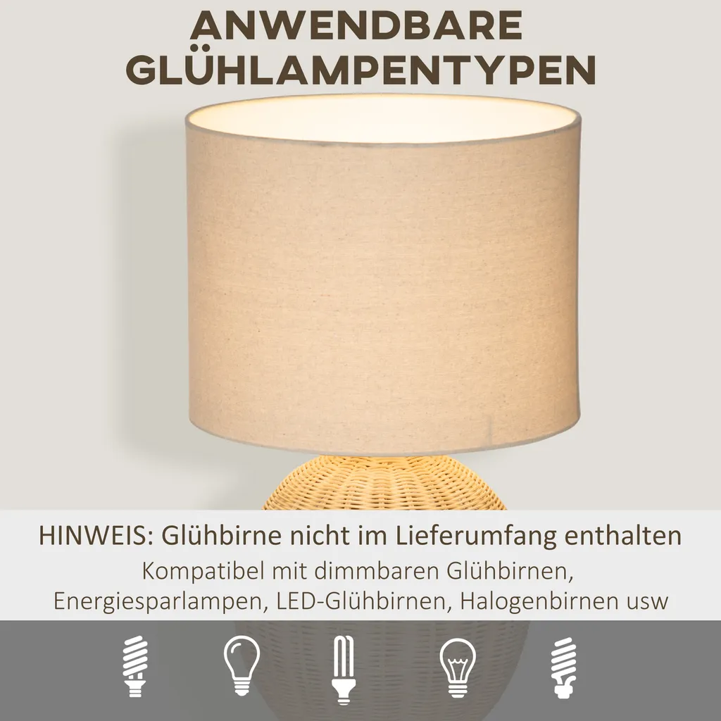HOMCOM Tischlampe Tischleuchte Rattan-Lampenschirm Nachttischlampe Wohnzimmerlampe Mit Holzsockel Rattan-Fuß 40W Naturholz 34 X 34 X 55 Cm 7 HOMCOM Tischlampe Tischleuchte Rattan-Lampenschirm Nachttischlampe Wohnzimmerlampe Mit Holzsockel Rattan-Fuß 40W Naturholz 34 X 34 X 55 Cm – Bild 5