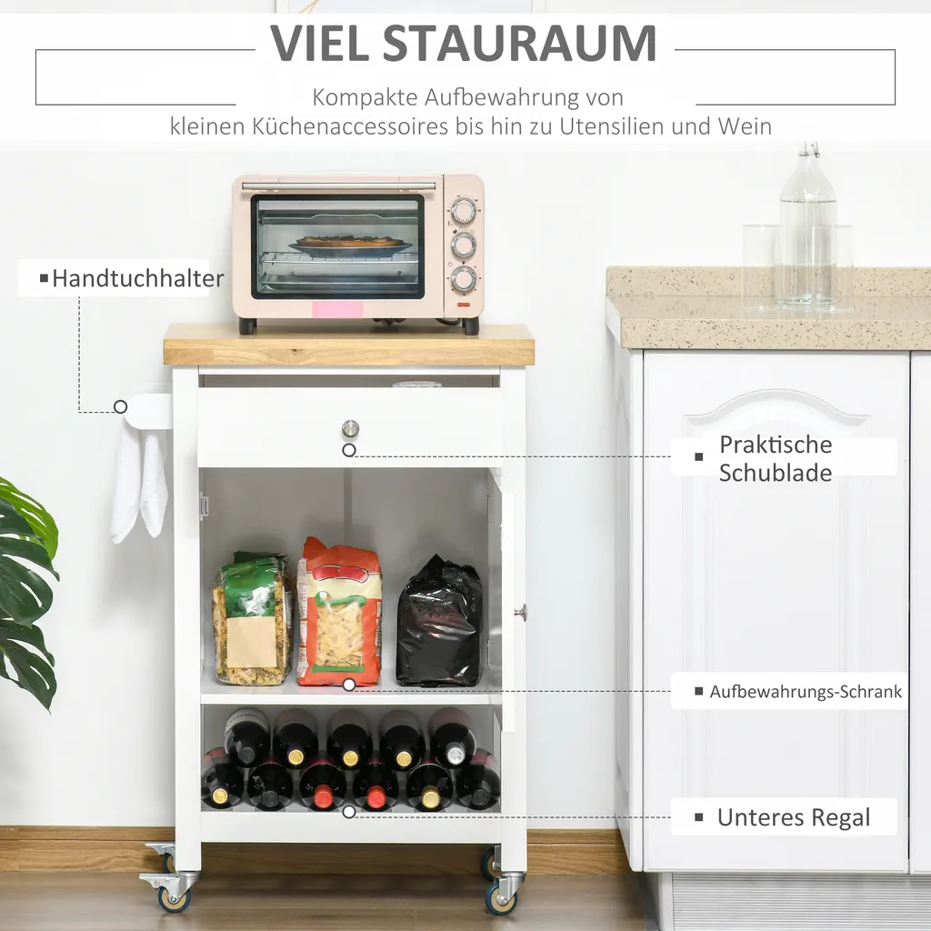 HOMCOM Küchenwagen Küchenrollwagen Servierwagen Mit Einer Schublade Geschlossenen Schrank Regalboden Und Handtuchhalter 4 Lenkrollen MDF Gummiholz Weiß+Eiche 63,5 X 40 X 90 Cm 6 HOMCOM Küchenwagen Küchenrollwagen Servierwagen Mit Einer Schublade Geschlossenen Schrank Regalboden Und Handtuchhalter 4 Lenkrollen MDF Gummiholz Weiß+Eiche 63,5 X 40 X 90 Cm – Bild 4