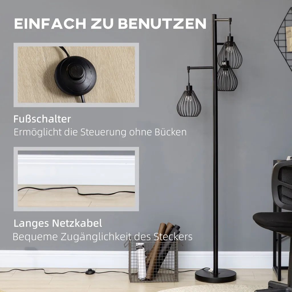 HOMCOM Stehlampe 3 Flammig, 40 W Stehleuchte Mit Käfig Lampenschirmen, E27 Fassung, Industrielle Standlampe, Exkl. Leuchtmittel, Für Wohnzimmer, Schlafzimmer, Schwarz 7 HOMCOM Stehlampe 3 Flammig, 40 W Stehleuchte Mit Käfig Lampenschirmen, E27 Fassung, Industrielle Standlampe, Exkl. Leuchtmittel, Für Wohnzimmer, Schlafzimmer, Schwarz – Bild 5